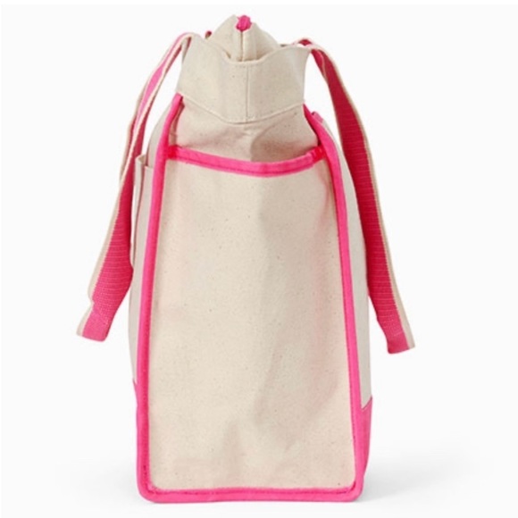 Neon Pink Colorblock Canvas Boat Tote with purple and pink flower embroidered - Picture 3 of 6